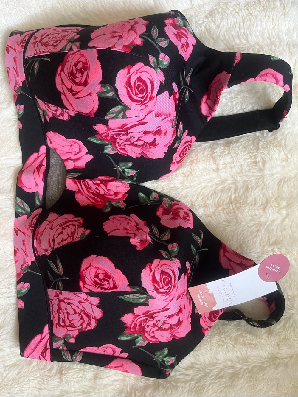 Cacique Black Bra with Bright Pink Rose Print